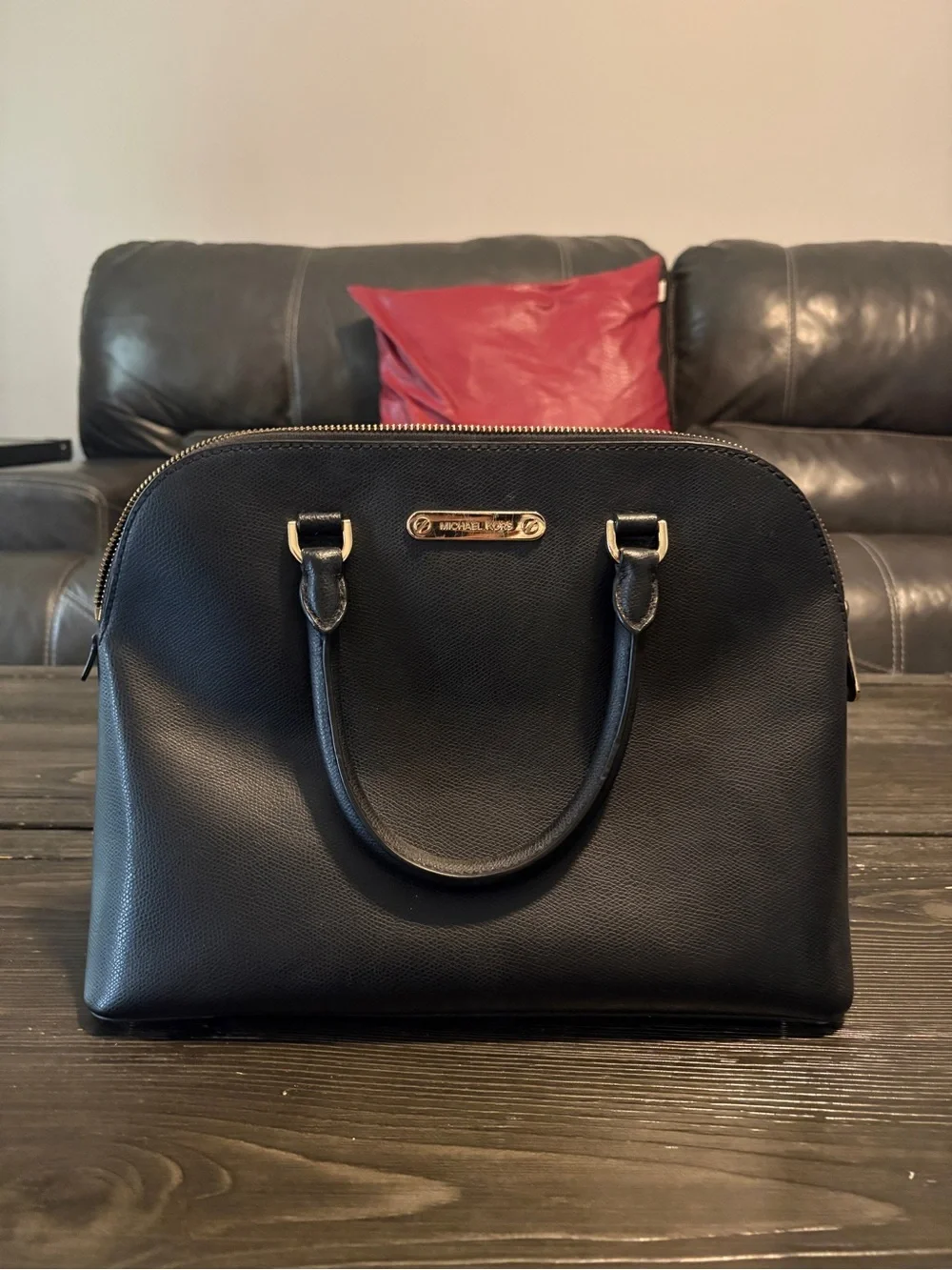 Michael Kors Black Leather Satchel with Gold Hardware